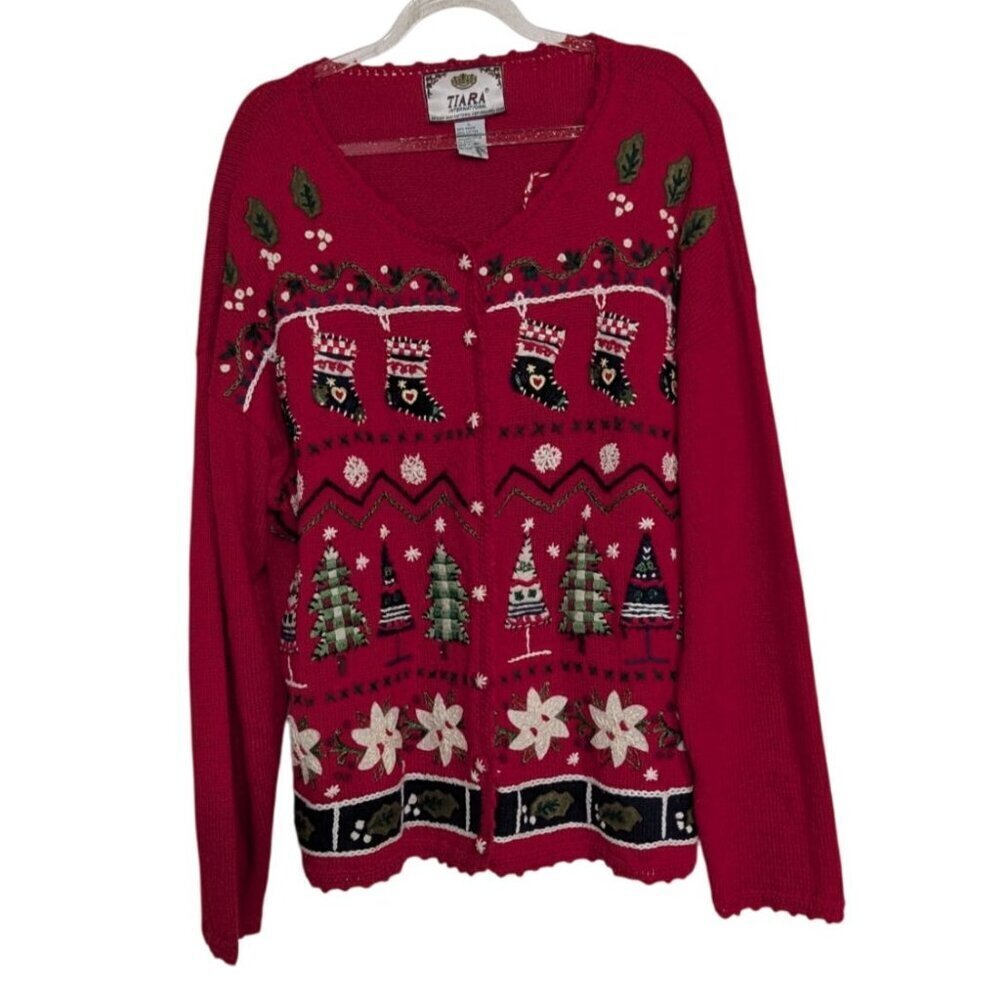 Tiara International Ugly Christmas Cardigan Womens Size Large Stocking Sweater